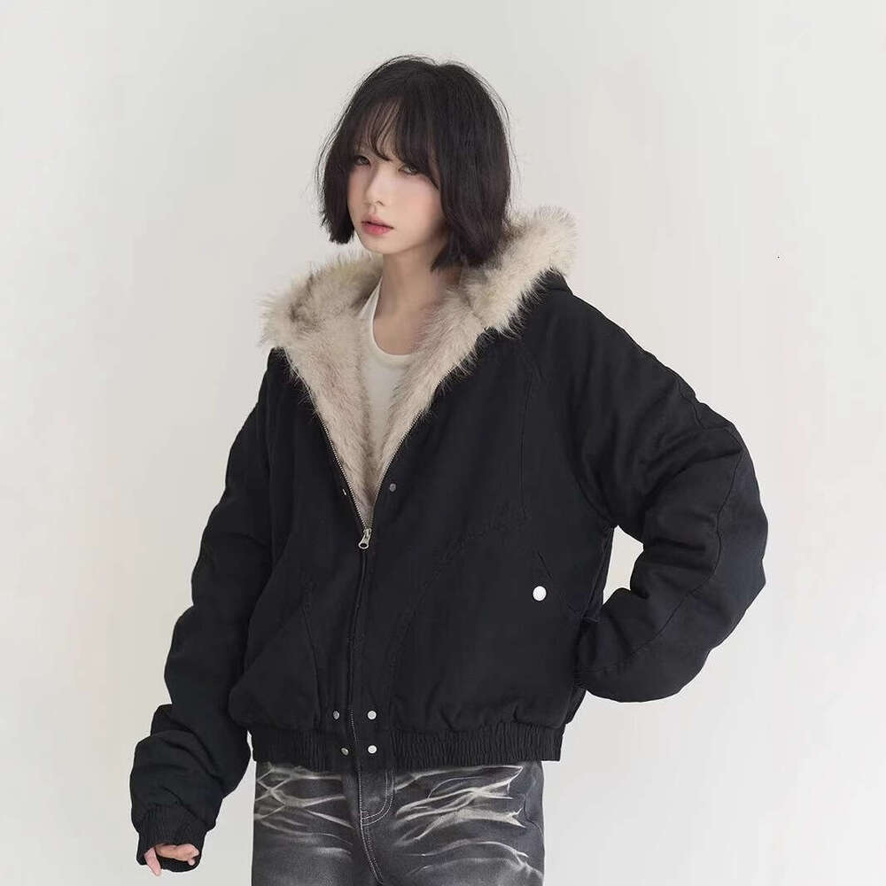 Mountain Eagle Fur Collar Veste Femmes Hiver Couleur solide courte Couteau de travail à capuche lâche Coton pour petites figures B5