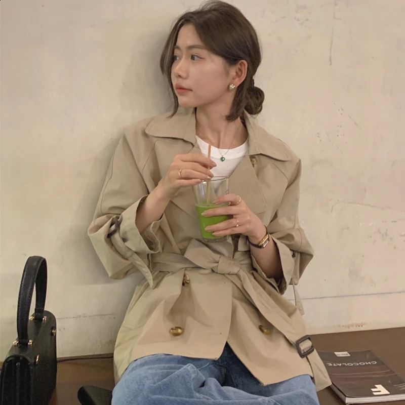 Womens Vintage Trench Coat Jacket with Belt Double Breasted Short Slim Windbreaker 250819