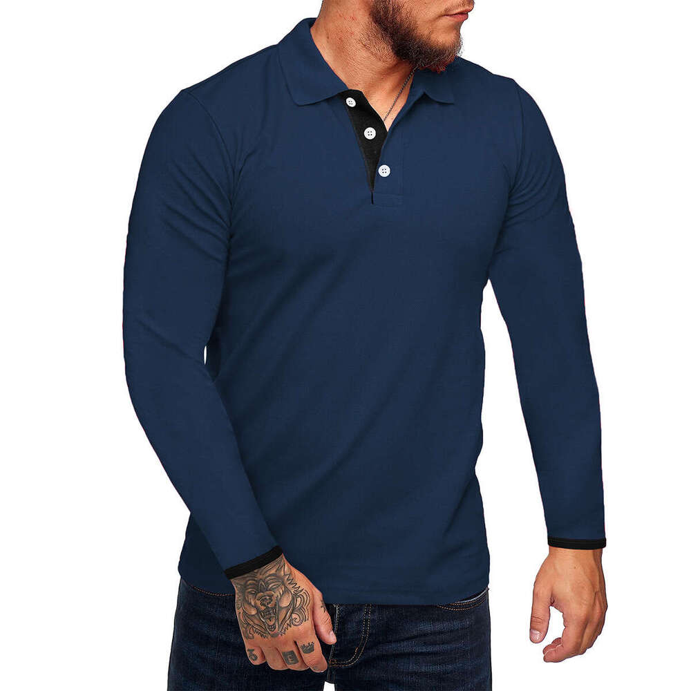 T-shirt masculin printemps d'été Nouveau European Fit Youth Couleur solide Coll-Down Coll à manches longues Polo B5