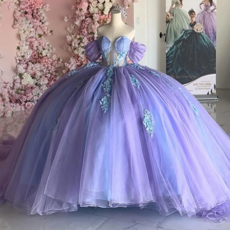 Lavender Quinceanera Robes hors de la robe de bal épaule Appliques de fleur Perles de fleur Tull Corset Sweet 16 Viens de robe de 15 anos