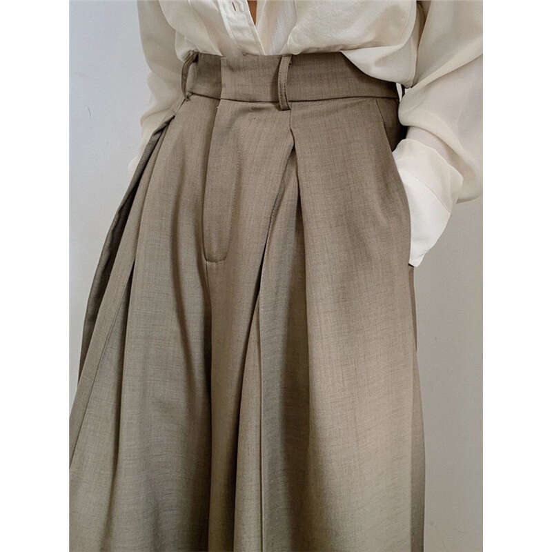 Solid Elegant Old Money Style Coffee Color Suit Pants Women High Waist Draped Floor-Length Casual Wide-Leg Trousers B5