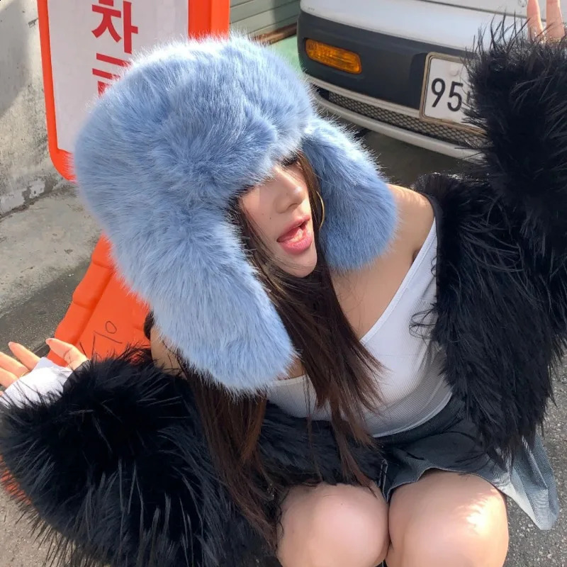 Korean Ins Imitation Mink Plush Hat Winter Women Ear Protection Bomber Hats Fashion Warm Fluffy Faux Fur Ski Beanies Y2k Gift 250818