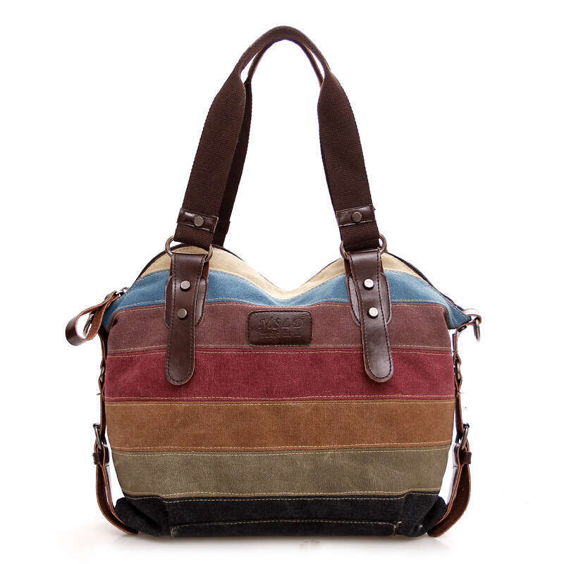 2025 Free shipping Trendy Rainbow Striped Fashion Patchwork Women's Washed Canvas Bag