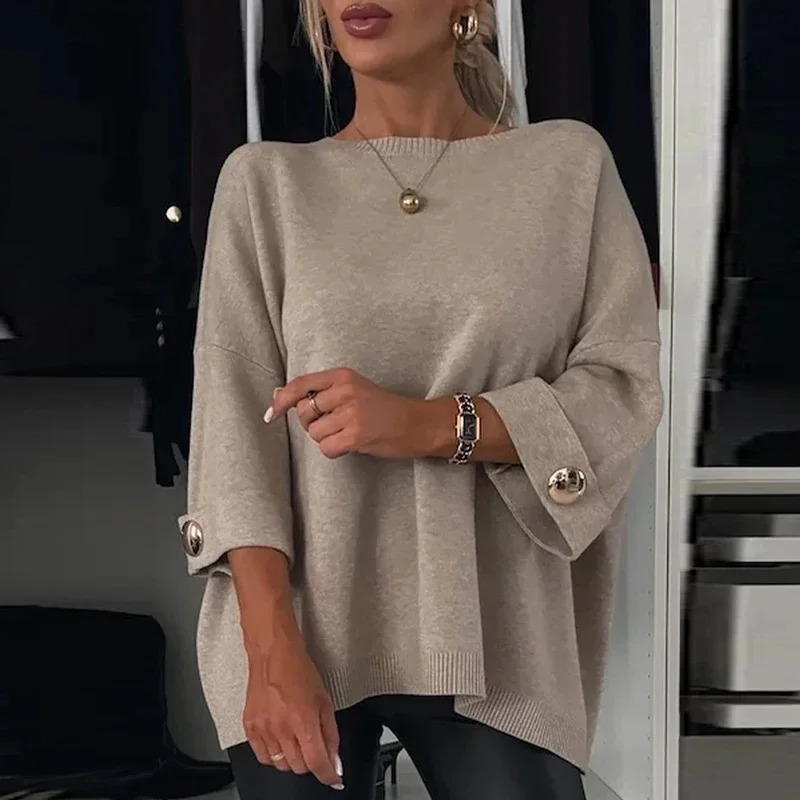 Winter Fashion Button Loose Sweater Autumn Elegant O-neck Knitted Pullover Women Causal Long Sleeve Solid Color Jumper Tops 250819