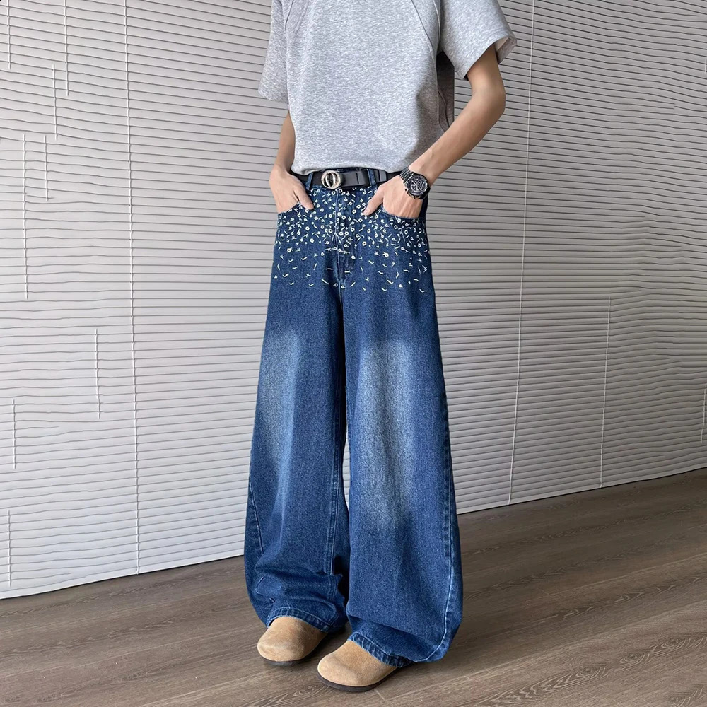 Summer Mens Contrast Color Embroidered Jeans American Retro Fashion Trend Leisure Loose Breathable Niche Mens Bottoms 250820