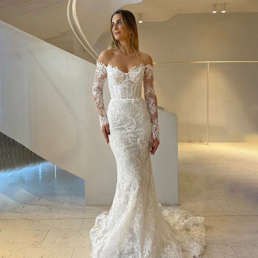 Chérie à manches longues Sirène en dentelle de mariée Robe de mariée Backless Back sans boutons Backless Bridal Bridal Bridal Couleur / taille fa