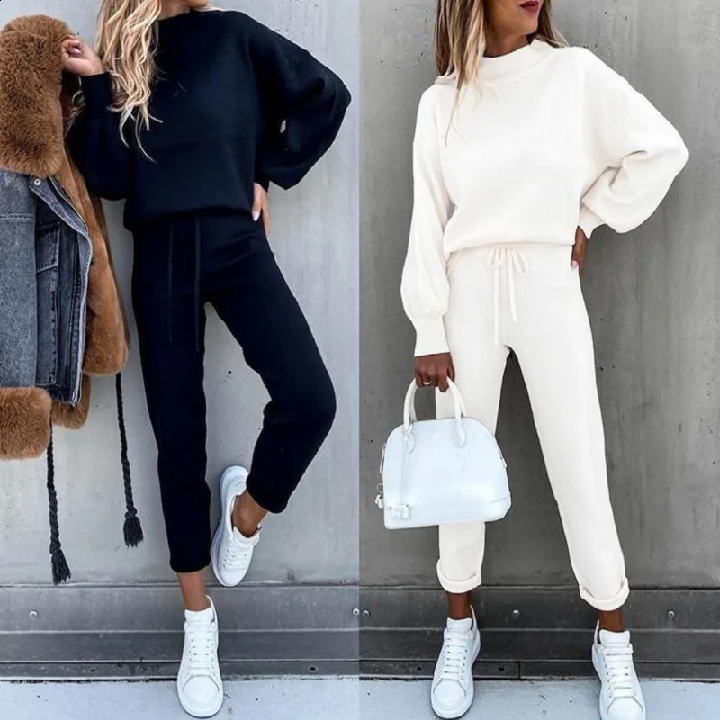 Autumn and Winter Womens Sweater High Collar Casual Pure Color Trousers Two-piece Set 250821