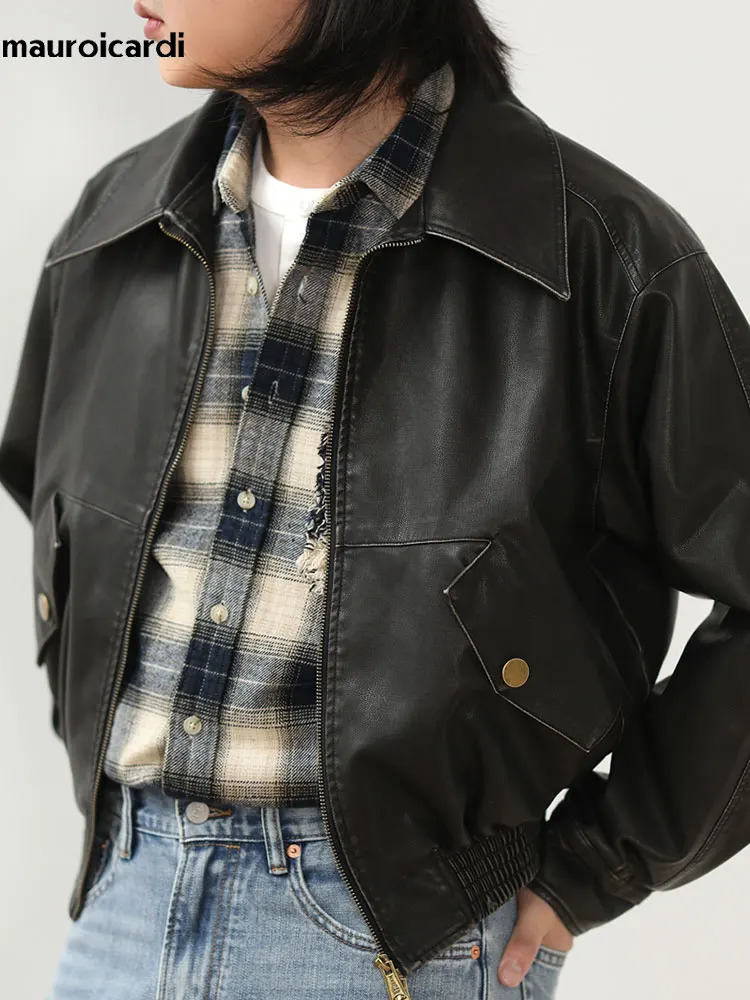 Mauroicardi Spring Autumn Cool Handsome Short Vintage Distressed Black Pu Leather Bomber Jacket Men er Clothes 250818