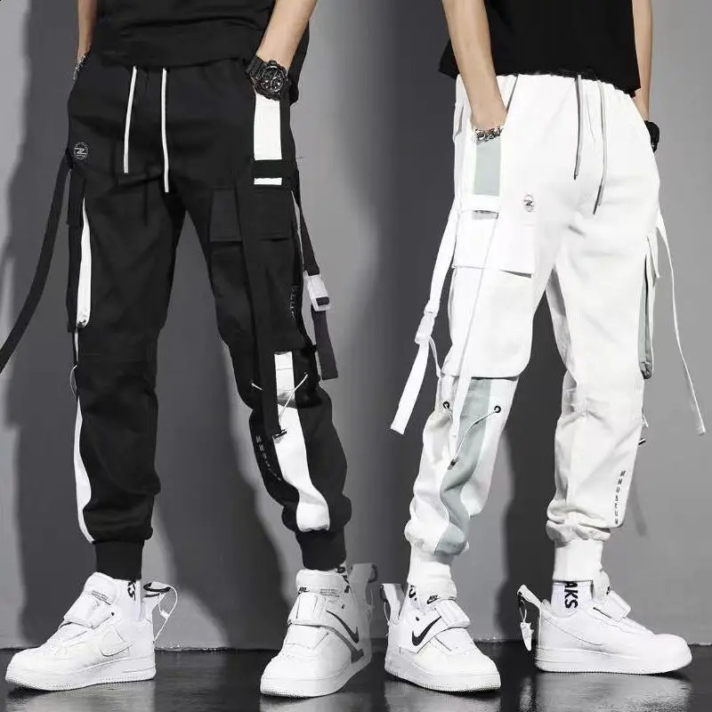 Classic Streetwear Casual Men Ribbons Harem Pants Male Slim Fit Spring Cargo Pants Multi-Pockets Women Trousers 250821