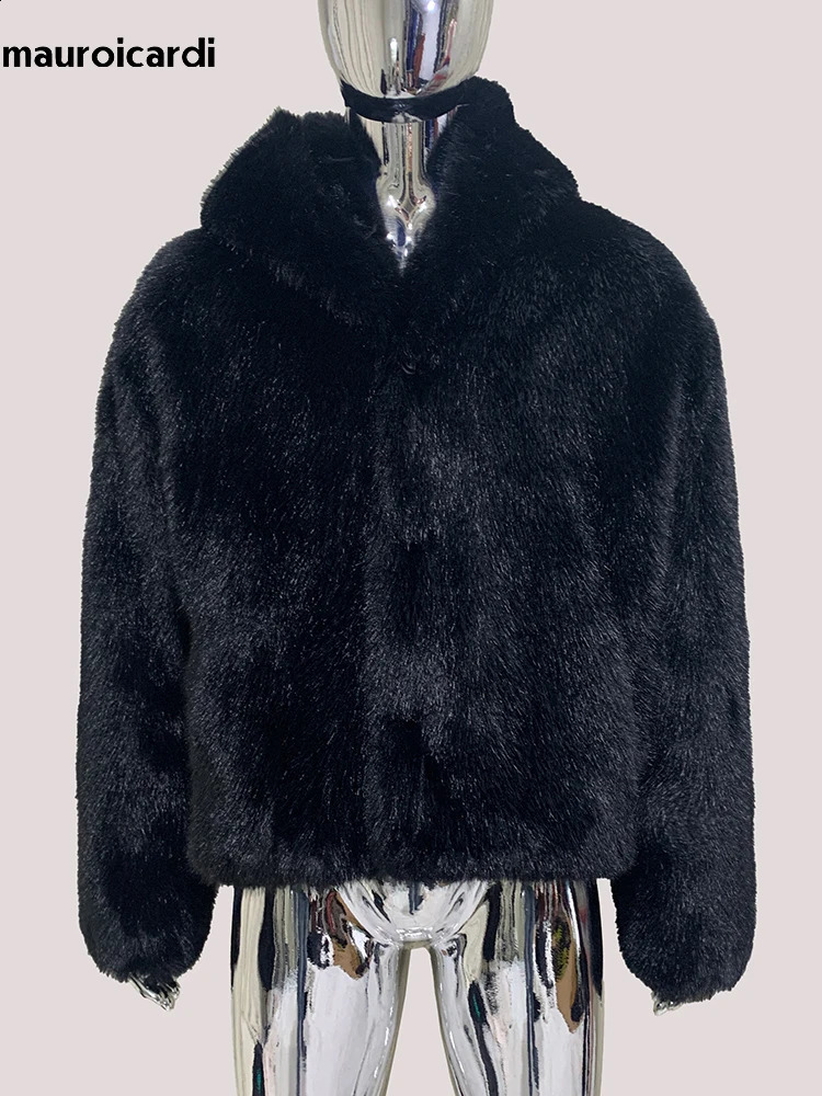 Mauroicardi Winter Short Thickened Warm Hairy Shaggy Black Faux Fox Fur Coat Men with Hood Single Breasted Fluffy Jacket 250818