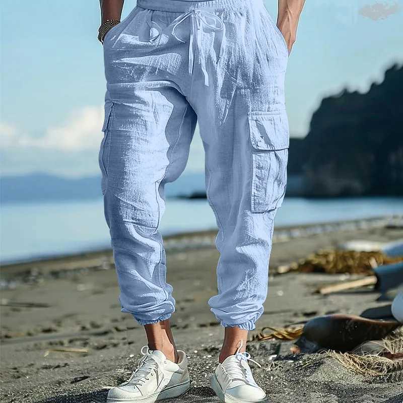 Mens Thin Linen Trousers with Drawstring Tied Feet Multi-pocket Tether Solid Color Loose Work Pants XJ250821