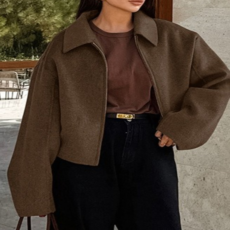 Fashion Brown Zipper Woolen Jacket for Women Elegant Lapel Long Sleeve Short Coats Female Vintage Autumn Lady Street Outerwear w250820