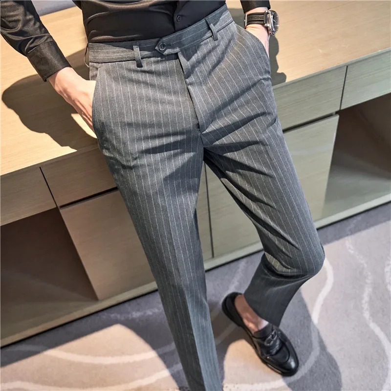Men Boutique Black Striped Suits Pants Male Formal Wear Wedding Dress Trousers Quality British Style Business Casual Suit 250821