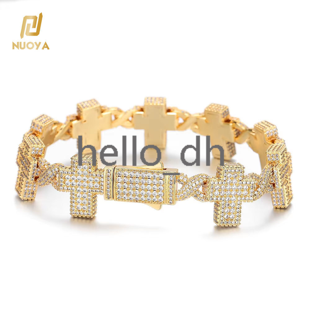 New Design Iced Out Cross Bracelet Womens Hip Hop Jewelry Gold Plated Brass Full Diamond Cross Link Chain Bracelet