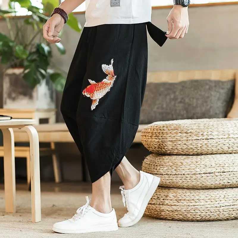2025 Summer Men Carp Embroidery Jogger Pants Japanese Style Cotton Linen Harajuku Harem Pants Youth Casual Pants Male Costume XJ250821