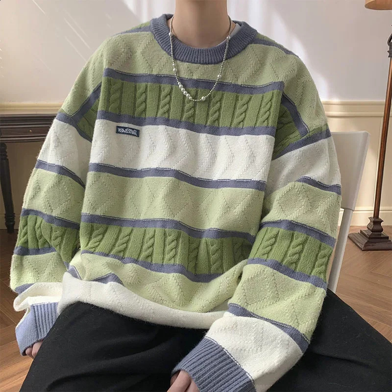 Japanese Style Vintage Color Blocking Cable Knit Striped Round Neck Sweater For Men And Women Winter Warm Preppy Thickened Knit250820