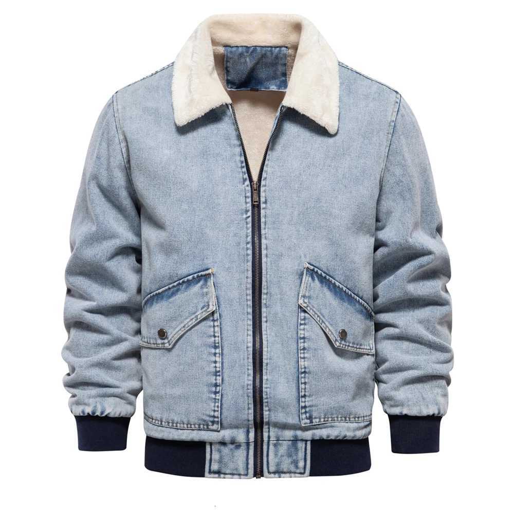 AIOPESON Autumn Winter Fur Collar Jacket for Men Warm Thickened Fleece Mens Jeans Jacket and Coat Casual Fashion Denim Jacket Men W250821