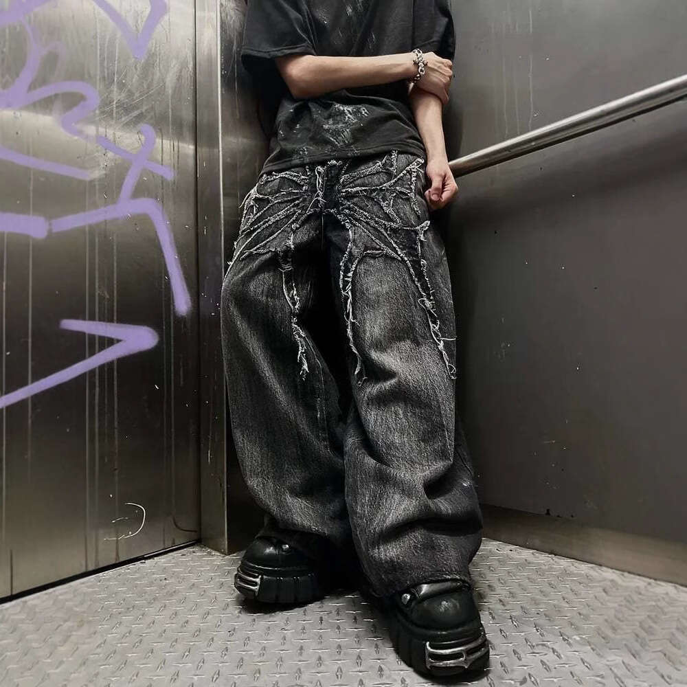 Gothic Tky2k Dark Design Wide-Leg Pants Street Loose Long Jeans For Men B5