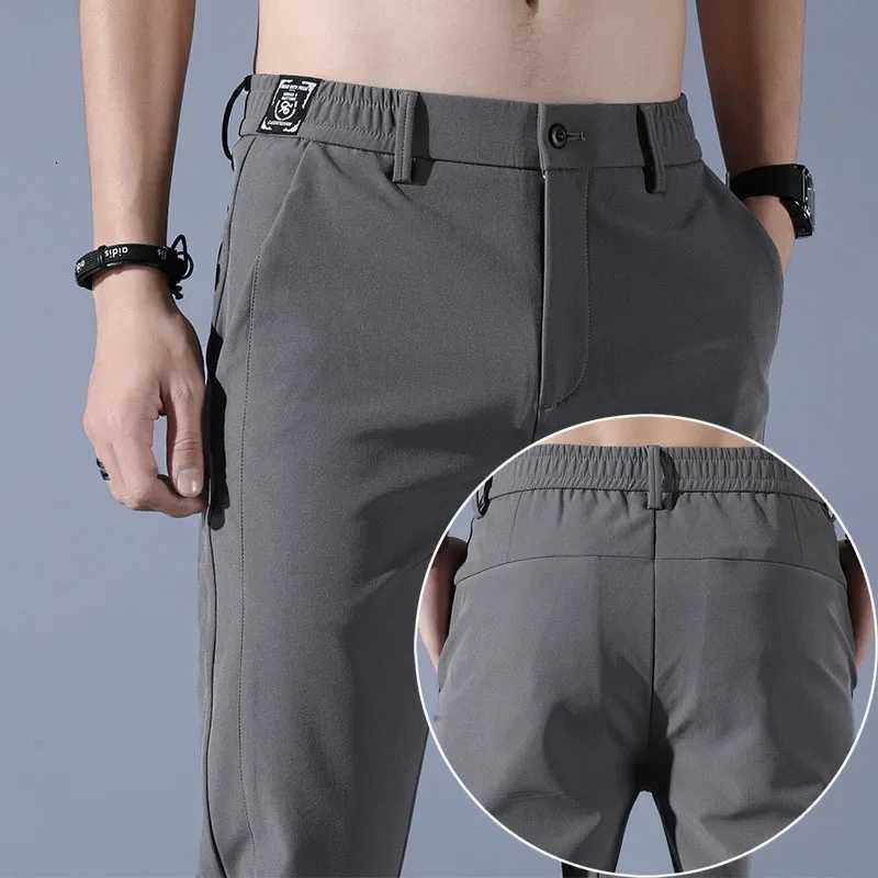 Mens Casual Pants Semi Elastic Waistband Nylon Ice Silk Elastic Straight Tube Light Gray Business Gentleman Summer Casual XJ250821