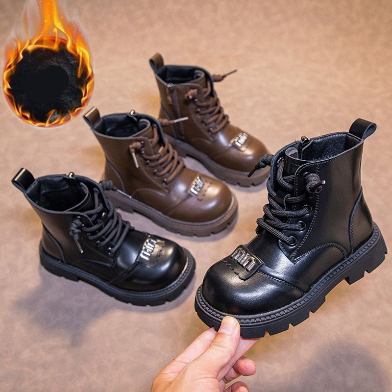 Fashion Children Leather Boots Autumn Winter Boys Girls Youth Boots Warm Cotton Walkfashion Kids Ankle Boots Versatile Anti-slip Girls Shoes Sizes 2
