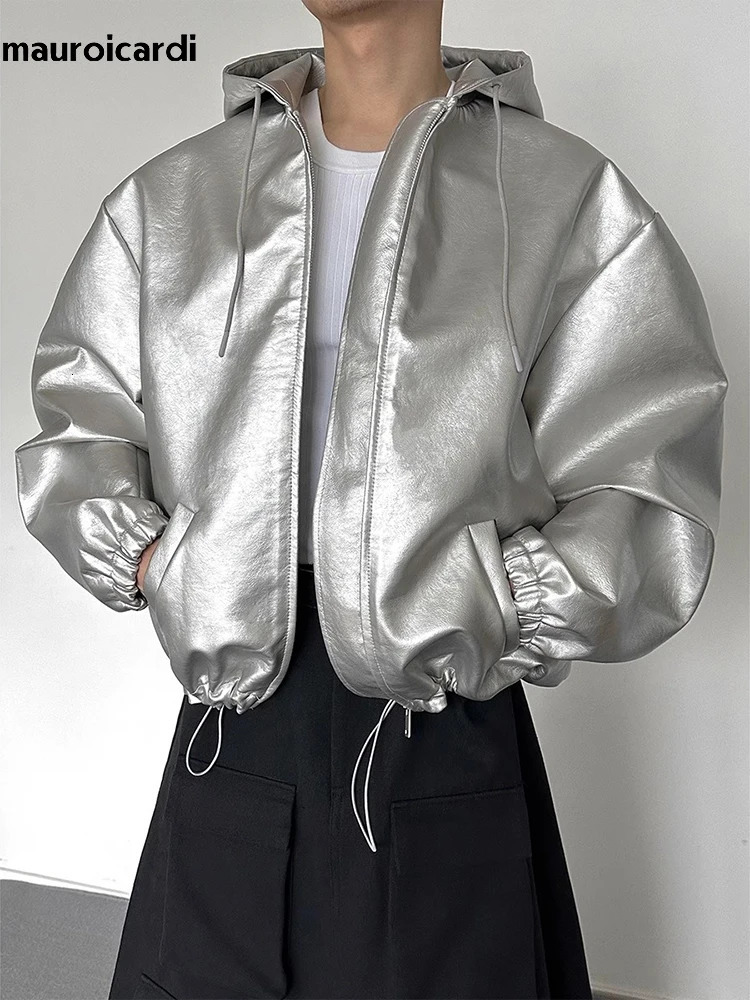 Mauroicardi Autumn Winter Oversized Cool Waterproof Silver Pu Leather Jacket Men with Hood Zipper Y2K Streetwear 250818
