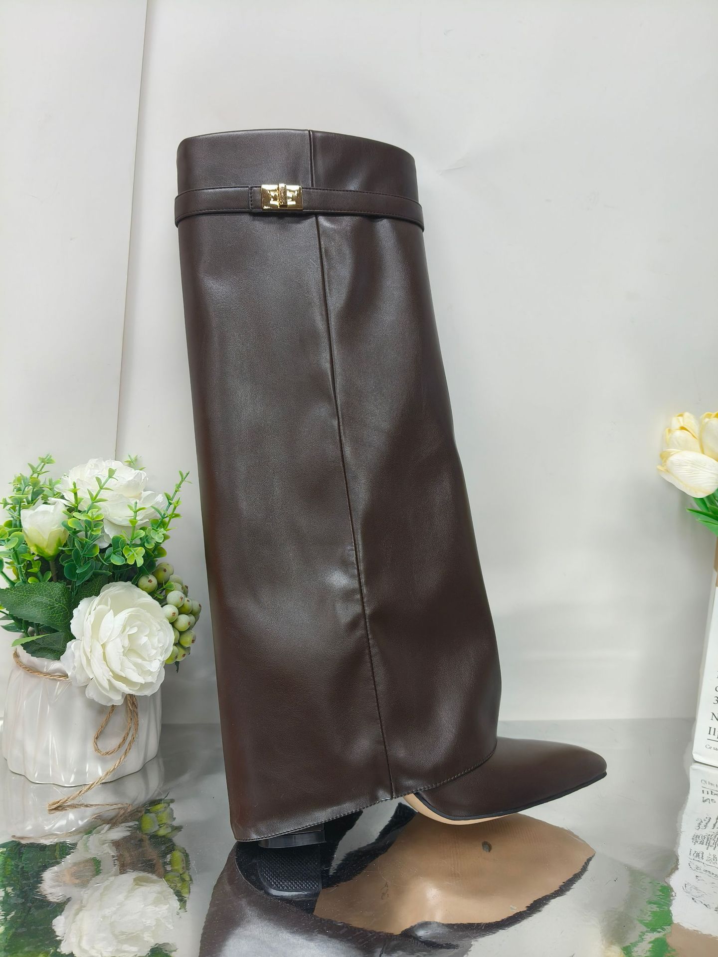 Designer shoes women boots suede pointed toe large tube circumference straight tube metal buckle medium long tube boots thick heel boots