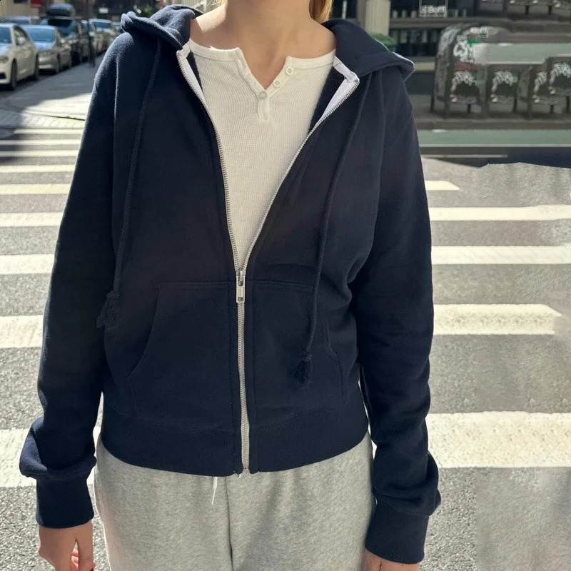 Autumn Casual Zip up Hoodies Solid Colors Loose Warm Jacket Women Vintage Long Sleeve Sweatshirt Teen Streetwear 250820