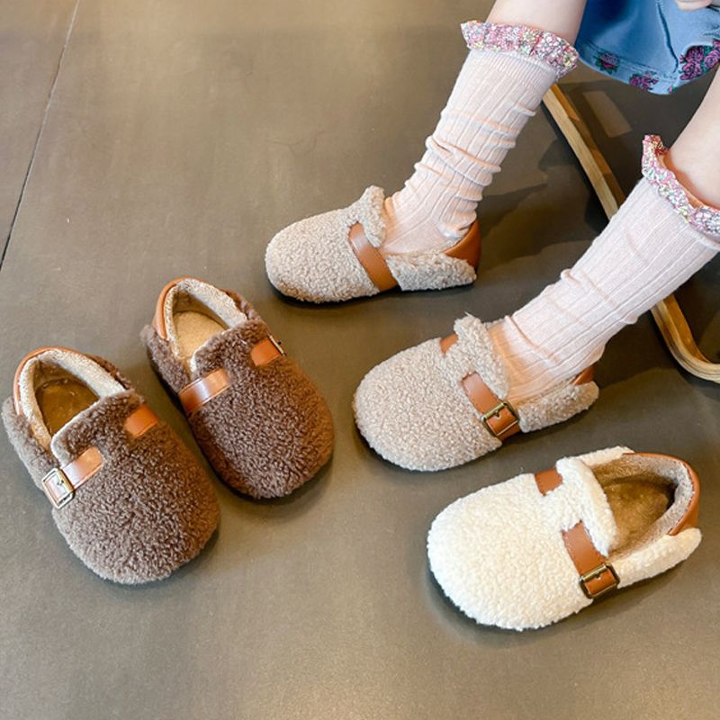 Toddler Winter Loafers Buckle Plush Furry Warm Leisure Boys Flat Shoes Walkfashion Slip-on Comfy Kids Wool Rolled Girls Cotton Shoes 21-36 W0499