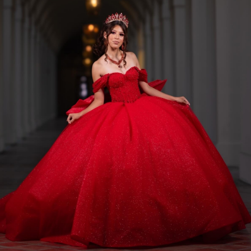 Red Shiny Off The Shoulder Princess Sweet 16 Dress Quinceanera Dresses Beads Bow Corset Tull Party Birthday Vestidos 15 De Anos