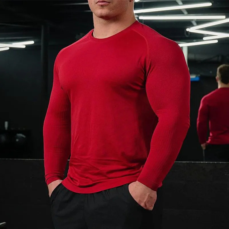 spring autumn fitness exercise long sleeved t-shirt men slim breathable pure color elastic tops Men T-shirt 250820