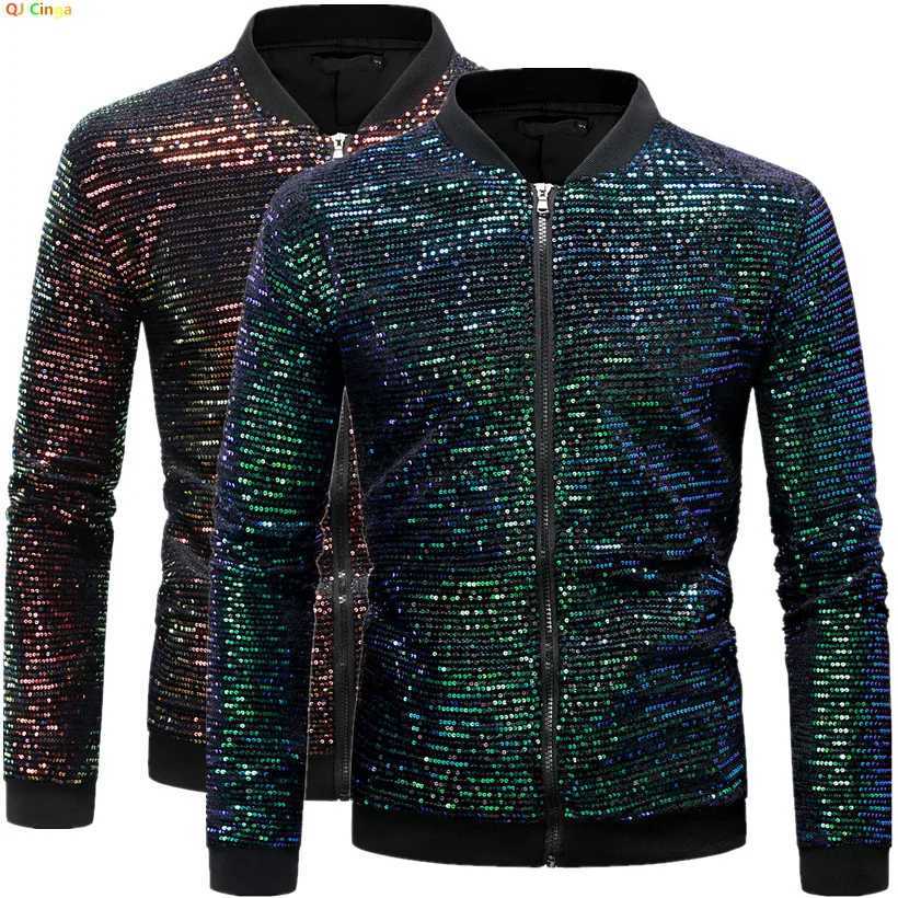 Veste de décoration de paillettes vertes hommes à manches longues à manches à manches à manches longues Mariage / fête Gold Taille européenne S-x