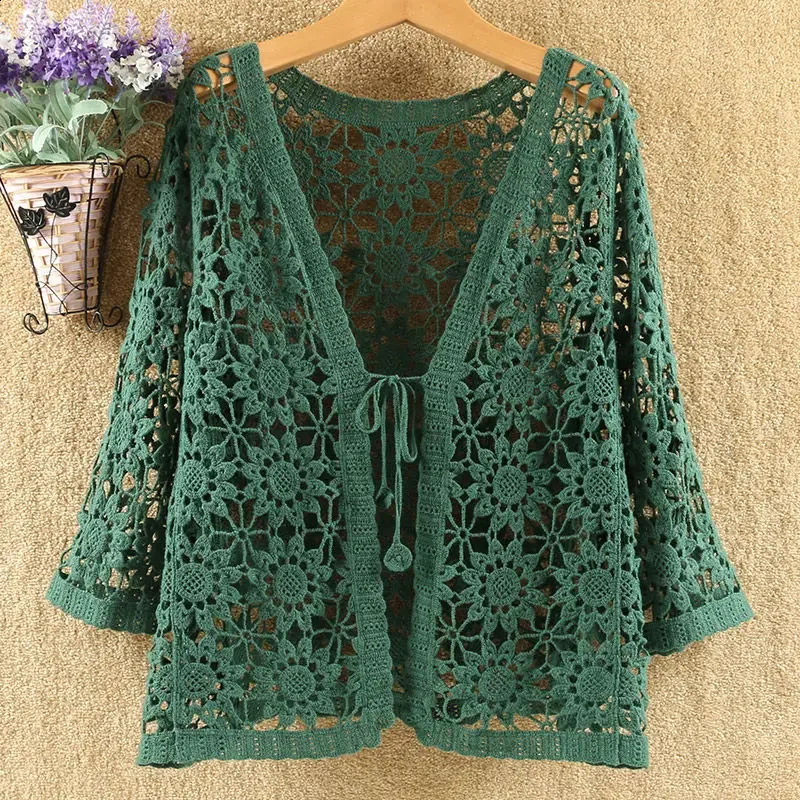 Sexy Hollow Lace Sunscreen Cardigan Sweater Women Wide Loose Air Conditioning Knitted Sweater Thin Section Female Spring Autumn250820