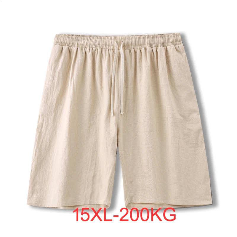 Summer Cotton Linen Shorts Men Fashion Casual Short Pants Big Size 14XL 15XL Solid Color Elastic Waist Bottoms Male 250813