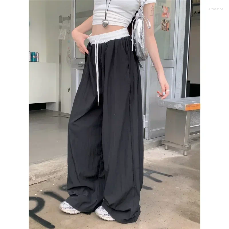 Women's Pants Patchwork Elastic Waist Wide Leg Casual Women All Season Texture Drape Straight Mop Loose Trousers