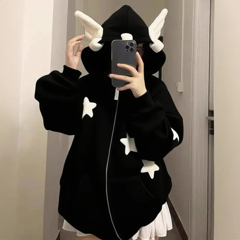 Autumn Kawaii Hoodies Women Cat Ears Hooded Sweatshirts Young Y2K Plush Angel Wing Zip-Up Hoody Halloween Party Clothes 250820