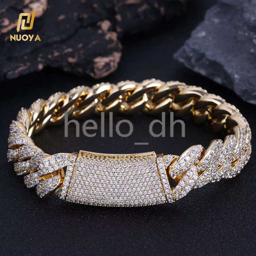13mm Double Row Cuban Chain Bracelet White Gold Plated Hip Hop Jewelry Curved Box Clasp moissanite Bracelet Rapper Style