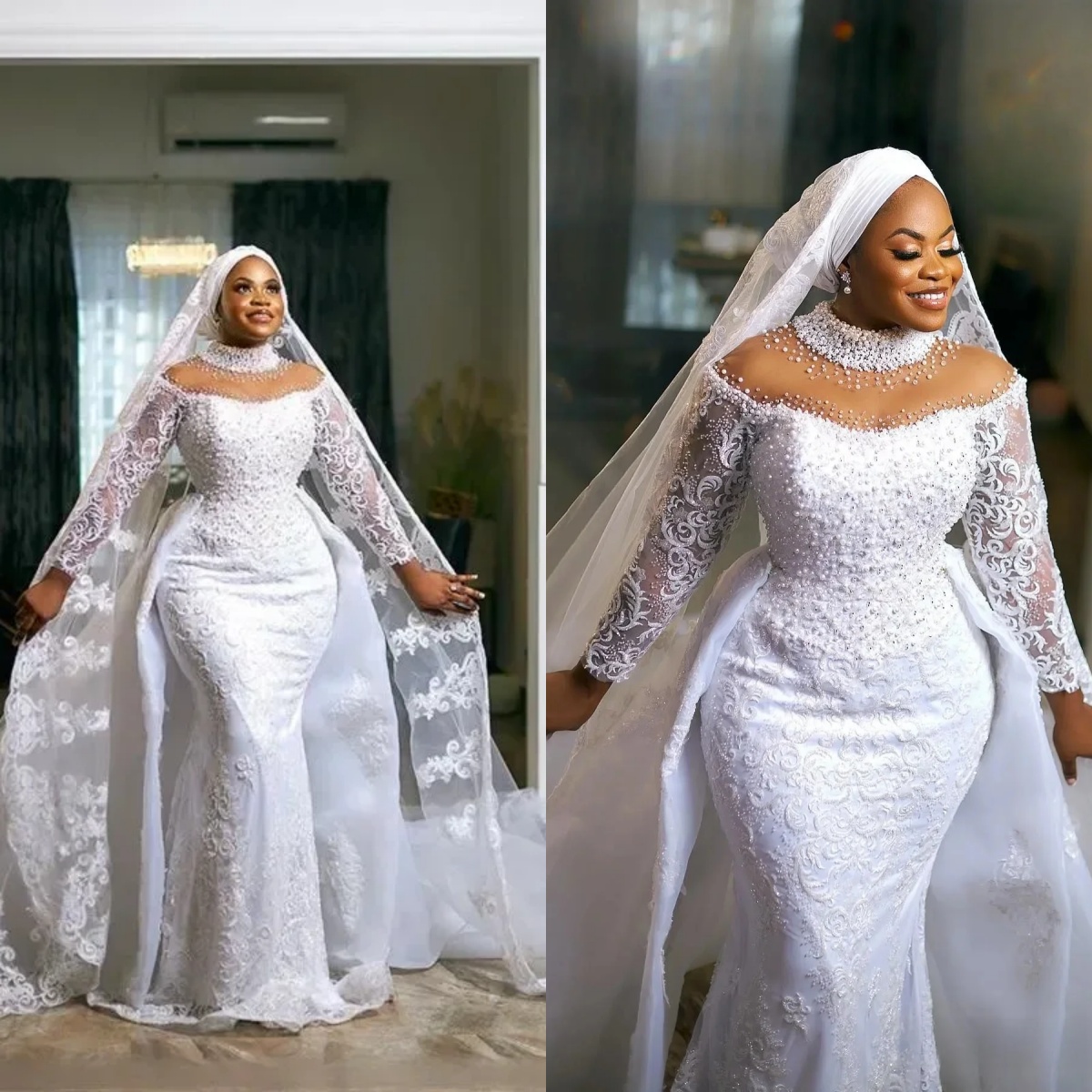 Vintage Mermaid Wedding Dress High Collar Long Sleeves Bridal Gowns Lace Pearls Beaded Detachable Train Dresses Custom Made vestidos de novia