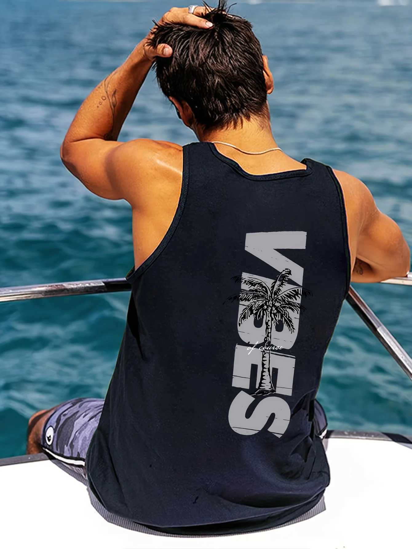 Mens Summer Casual Sports Loose Coconut Tree Pattern Dual Sided Printed Comfortable and Breathable Round Neck Sleeveless Vest X250821