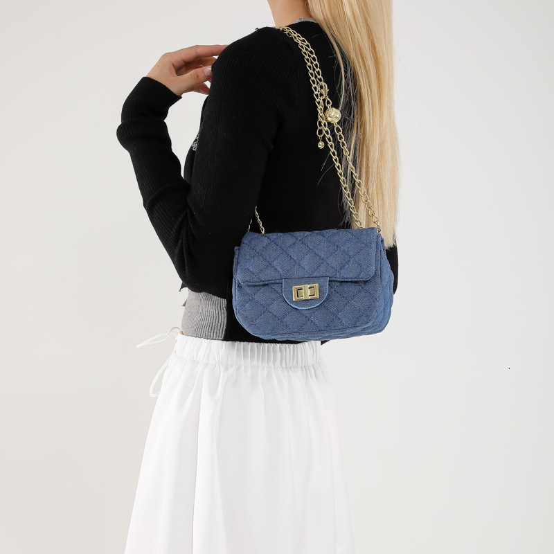 Women's Minimalist Shoulder Bag, Blue Denim Half-Moon Handbag with Diamond-Grid Embroidery, Sequin Accents, Chain Strap, 20-30 cm Small Purse with N