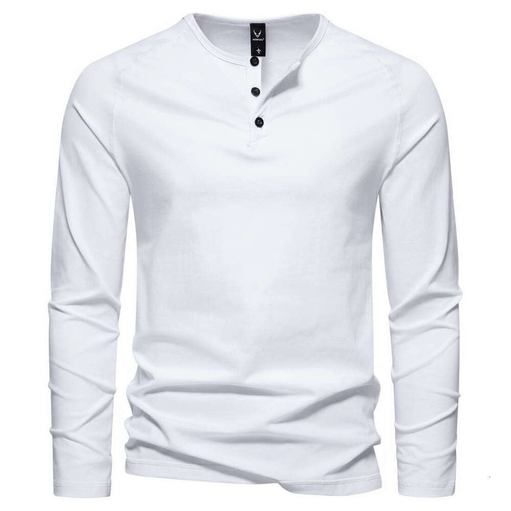 Autumn Winter New American Button Henley Collar Solid Color Men's Long Sleeve T-Shirt Base Shirt B5