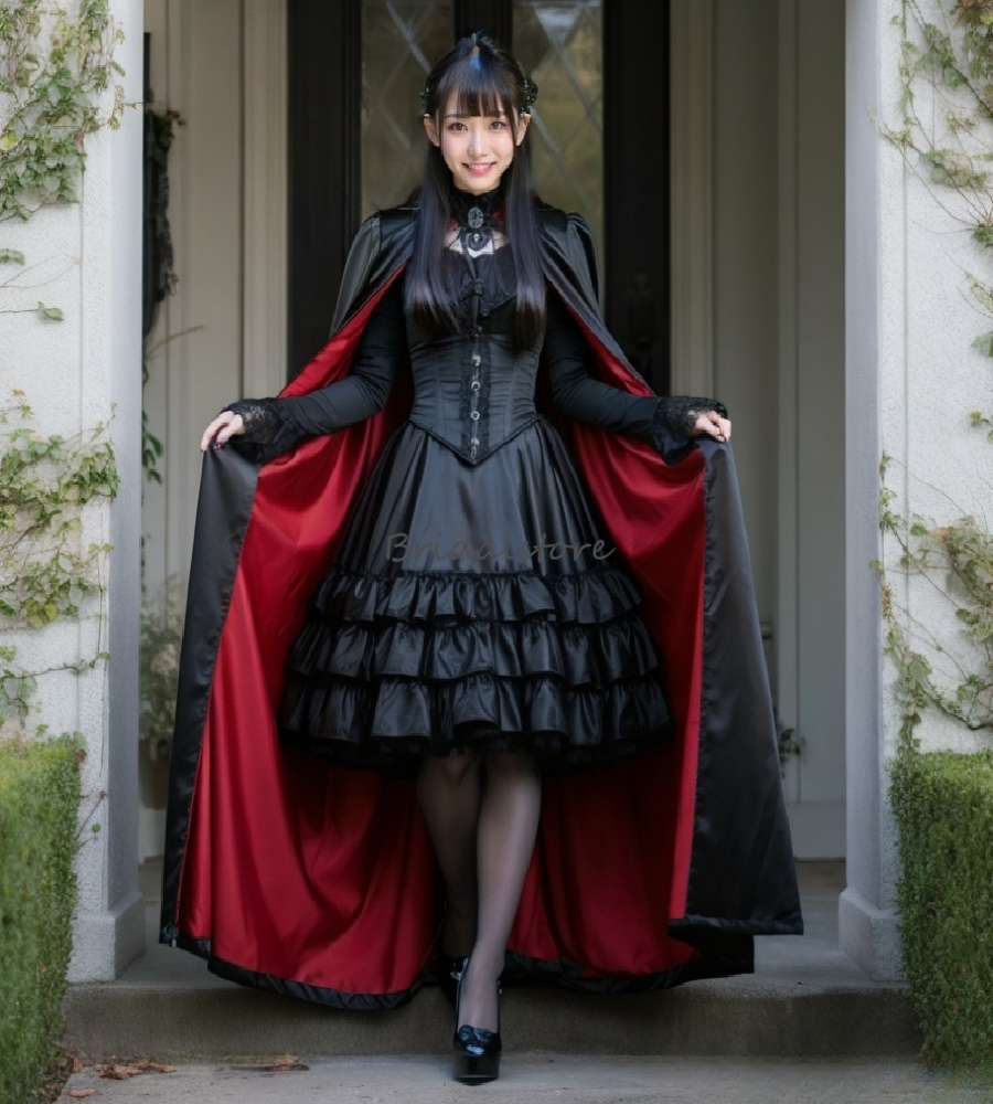 Halloween Cosplay Black Gothic Prom Dress 2025 Steampunk Witchy Evening Dress Tiered Short Formal Party Dress With Caped Vintage Vestios De Gala Vam