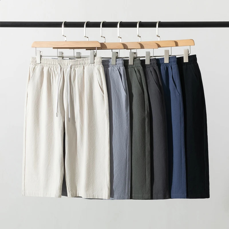 Mens Cotton Linen Shorts Pants Male Summer Breathable Solid Color Knee Length Trousers Fitness Streetwear Lace Up Bottoms 250813