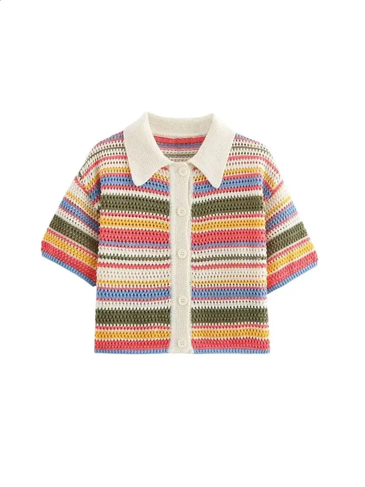 TRZA-Womens Striped Crochet Knit Crop Sweater Polo Collar Short Sleeve Button-up Female Outerwear Chic Tops Fashion250820