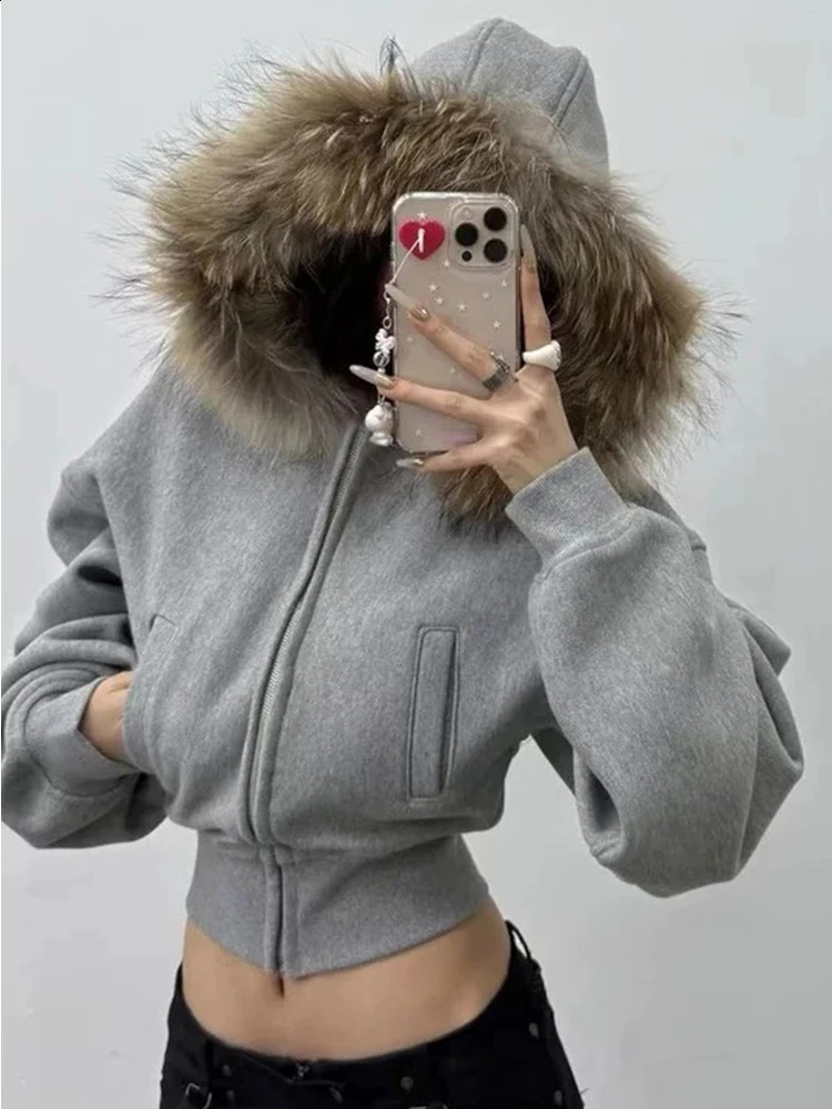 Casual Y2K Zip up hoodie Faur collar Harajuku Streetwear Hiphop Zipper Hoodie sweatshirt Vintage Rock Goth Loose Punk EMO Jacket 250820