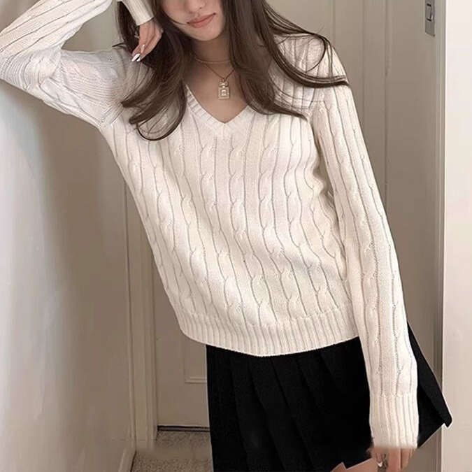 Solid Color V-Neck Pullover Sweater Women Autumn Winter Loose Casual Twist Lazy Style Knitted Top B5