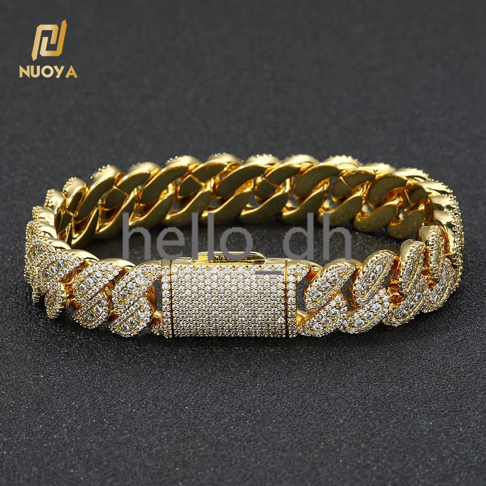 Custom Iced Out Diamond Cuban Bracelet Hip Hop Fashion Jewelry Silver Plated 14MM Miami Cuban Link Bracelet