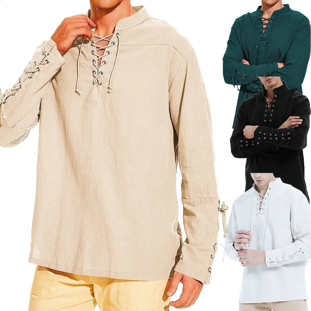 Cotton Linen Shirts for Men Medieval Costume Beach Tops Shirt Pull on Male Loose Casual Streetwear Cosplay Long Sleeve250821
