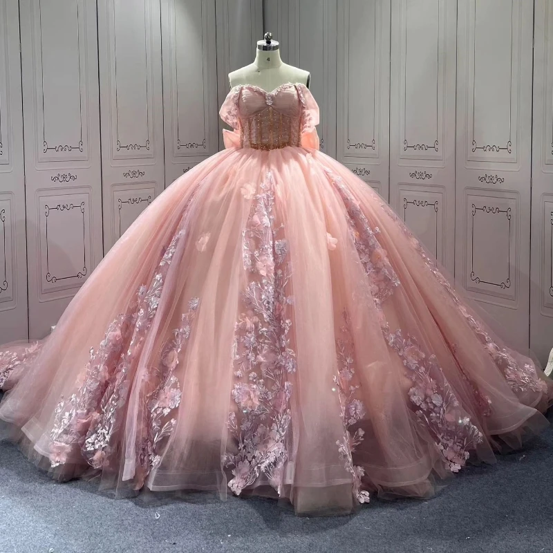 Pink Shiny Off The Shoulder Quinceanera Dresses Beads Applique Flower Tull Bow Vestidos De 15 Anos Birthday Party Princess Sweet 16 Dress