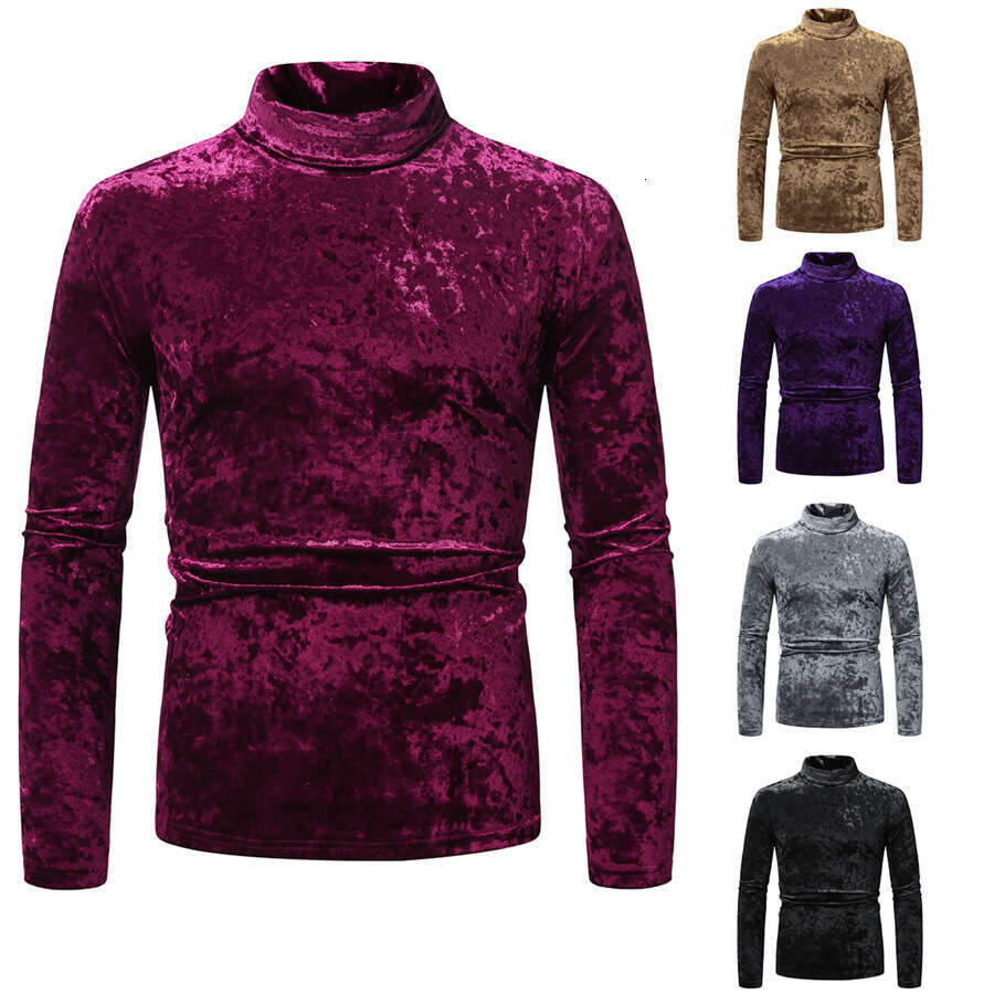 Autumn Winter New European Size Fashion Solid Color Velvet High Collar Base Shirt Men's Long Sleeve T-Shirt B5