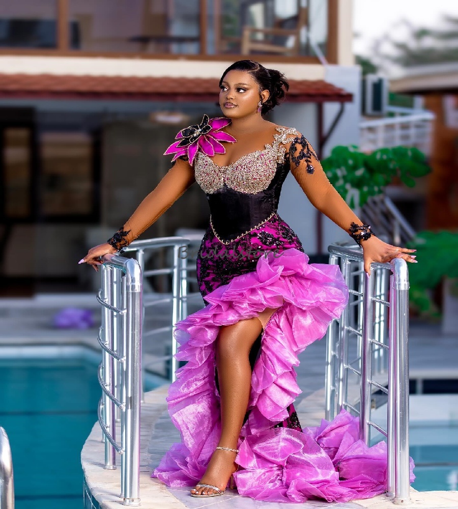 Luxury Hot Pink Nigeria Prom Dress With Slit 2025 Gorgeous African Mermaid Plus Size Evening Dress Oranza Ruffles Long Sleeve Formal Birthday Party